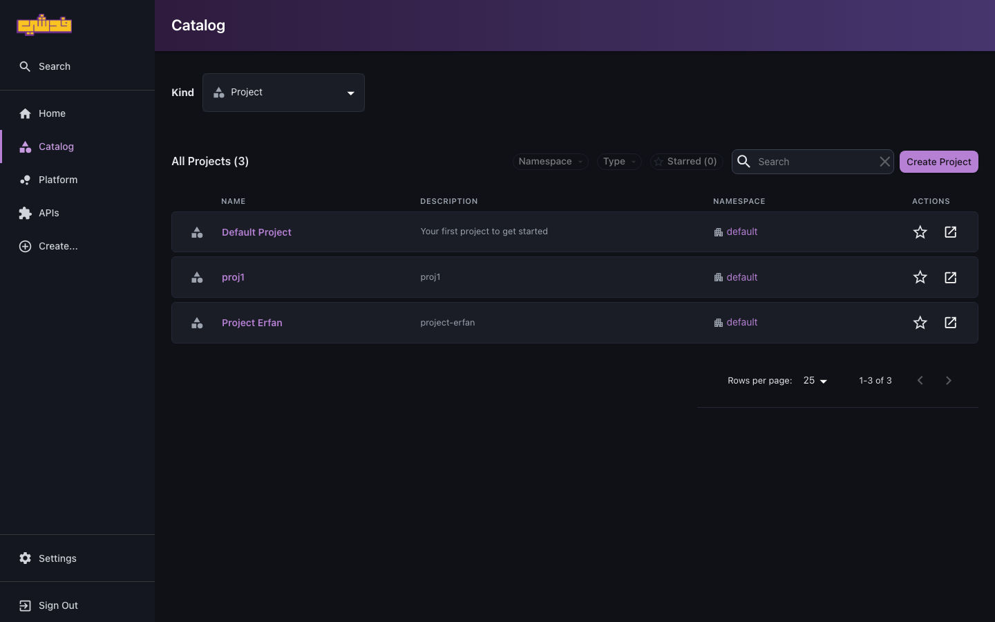 The portal Catalog filtered to Kind: Project, showing the project list with a Create Project button and Namespace/Type filters